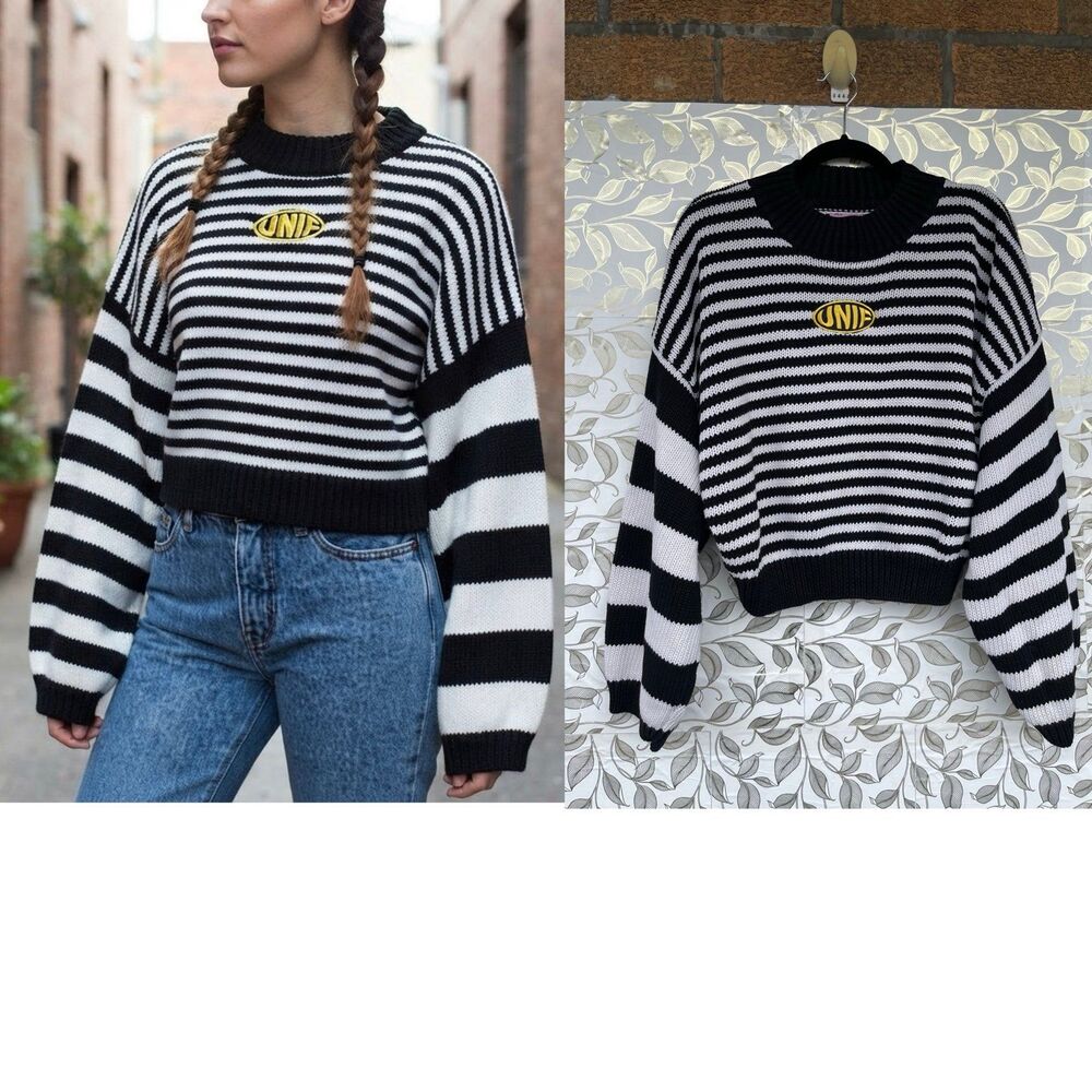 UNIF Logo Striped Oversized Sleeve Crop Sweater Medium Y2K Indie Sleaze